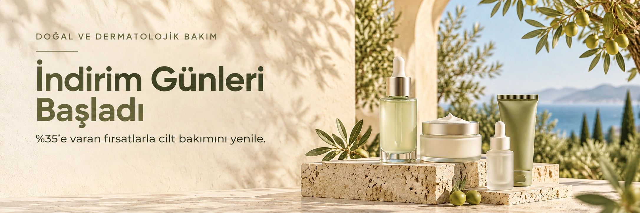 Akdeniz manzarasında doğal taş üzerinde serum ve bakım ürünleri