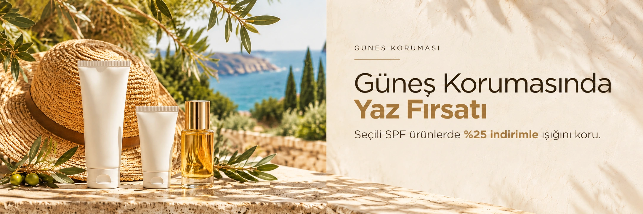 Zeytin dalları ve hasır şapka yanında güneş koruyucu ürünler